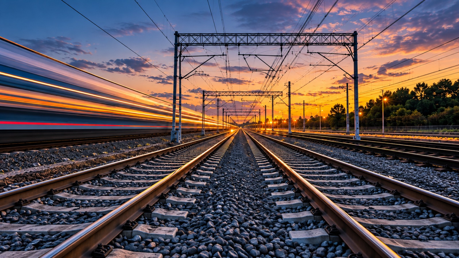 Voies ferrées au coucher du soleil avec un train en mouvement